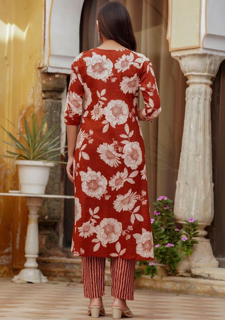 Rust Printed Cotton Kurta Set - Indya