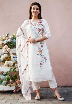 White Solid Cotton Blend Kurta Set