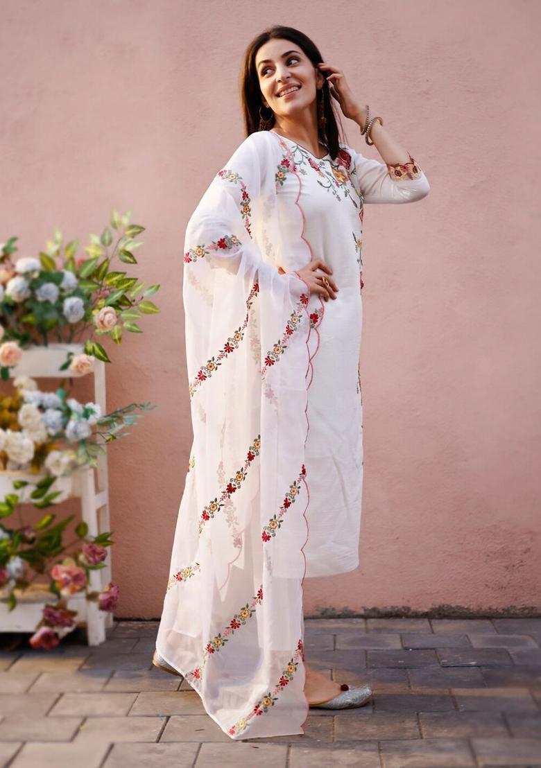White Solid Cotton Blend Kurta Set - Indya