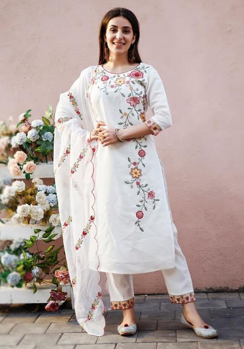 White Solid Cotton Blend Kurta Set
