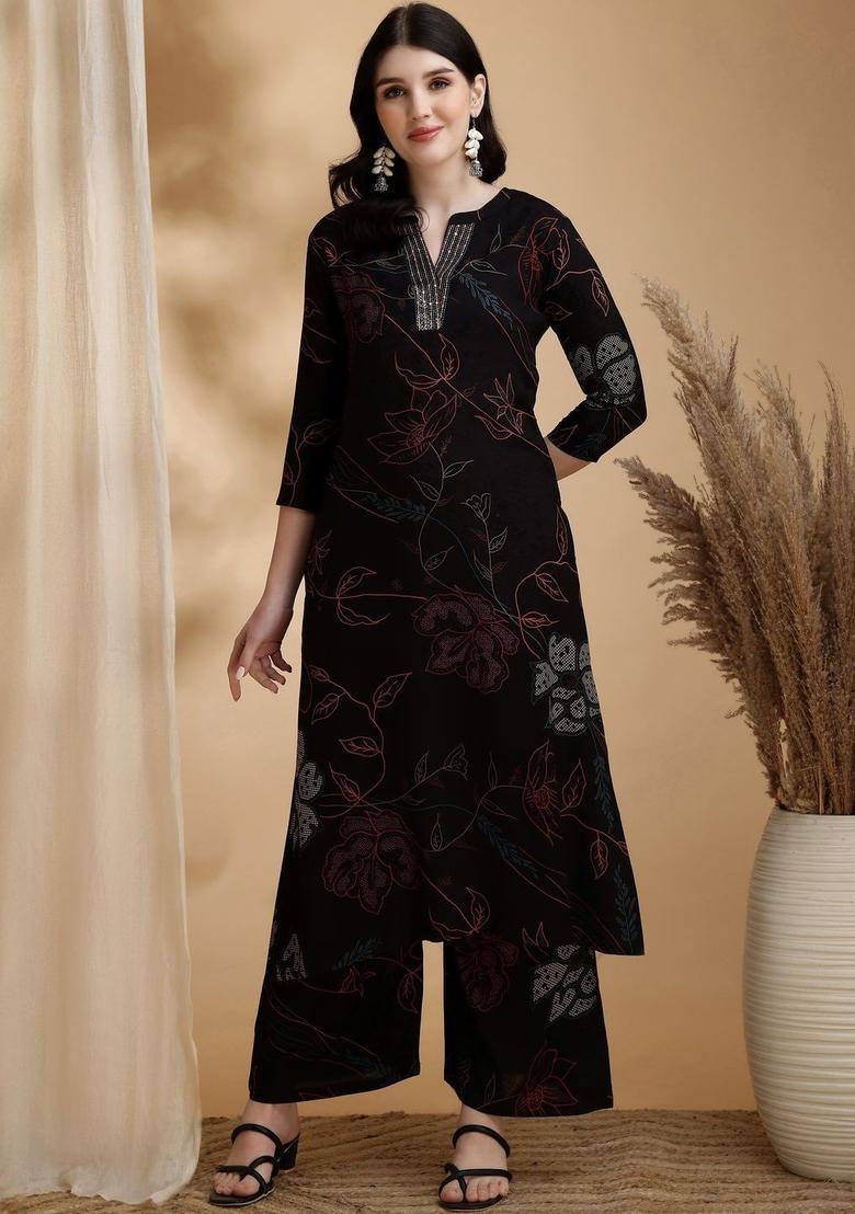 Black Printed Viscose Rayon Kurta Set - Indya