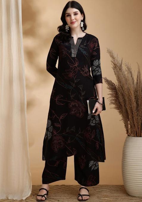 Black Printed Viscose Rayon Kurta Set