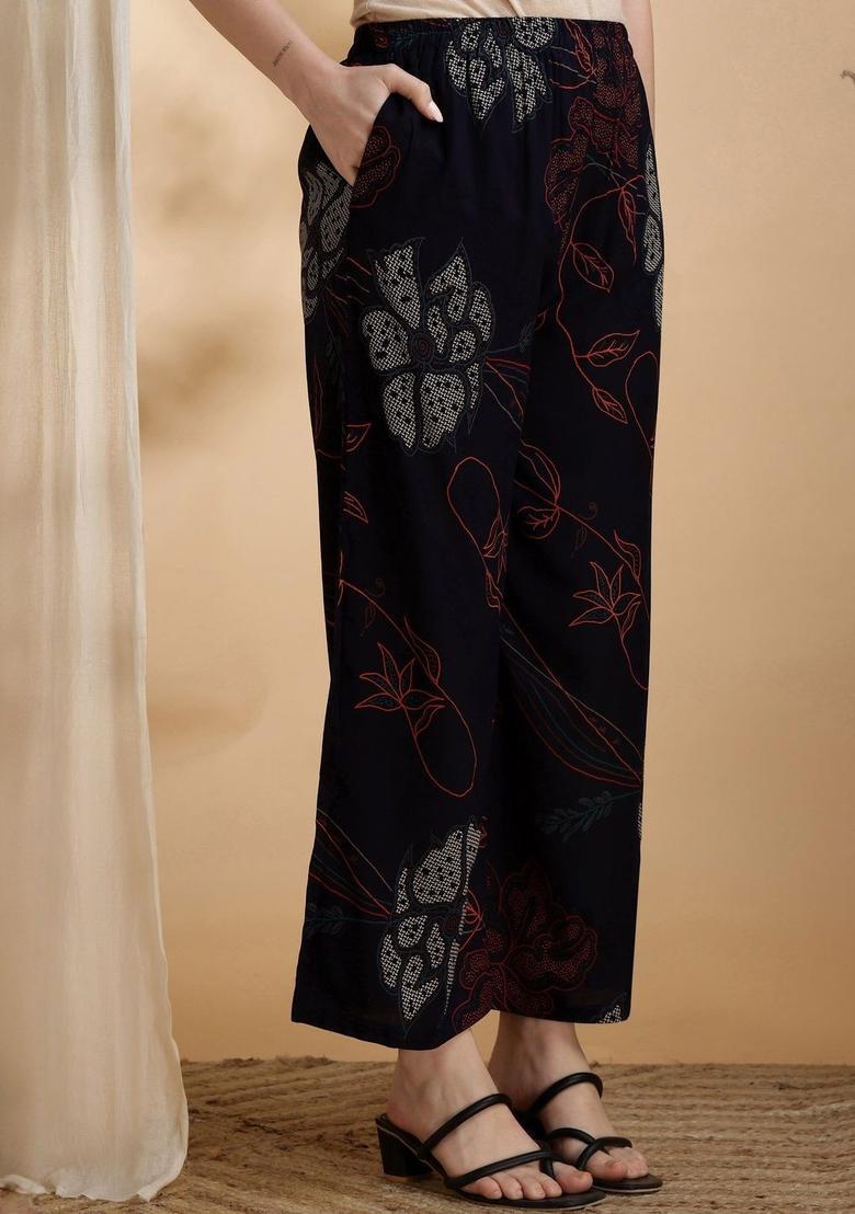 Navy Blue Printed Viscose Rayon Kurta Set - Indya