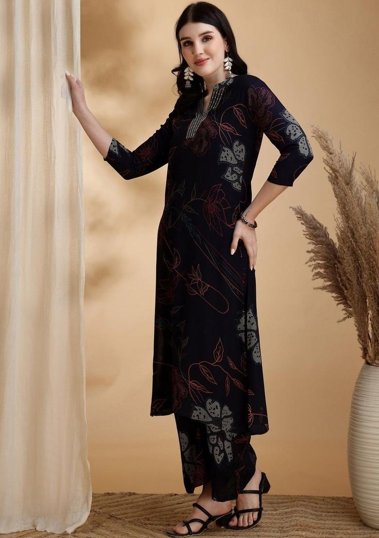 Navy Blue Printed Viscose Rayon Kurta Set - Indya