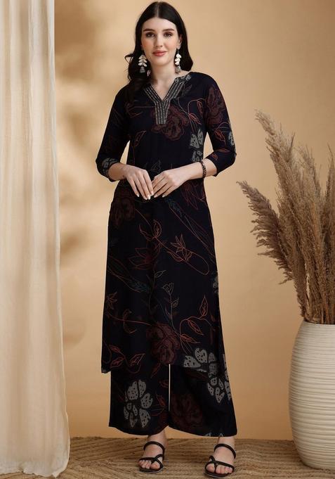 Navy Blue Printed Viscose Rayon Kurta Set