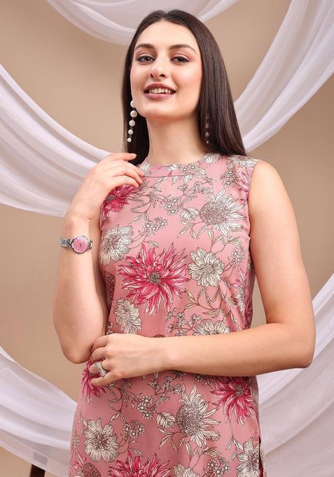 Pink Printed Viscose Rayon Kurta Set