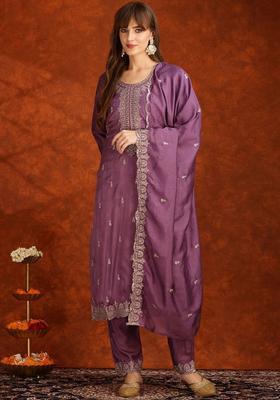 Lavender Embroidered Silk Blend Kurta Set