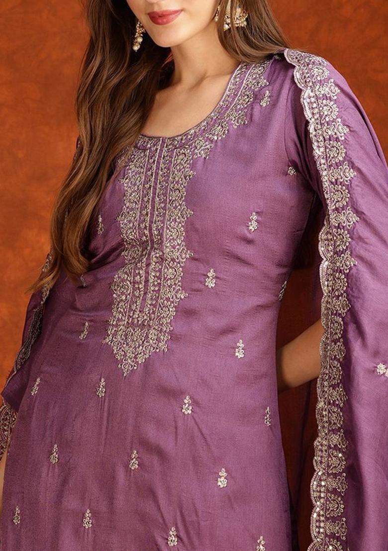 Lavender Embroidered Silk Blend Kurta Set - Indya