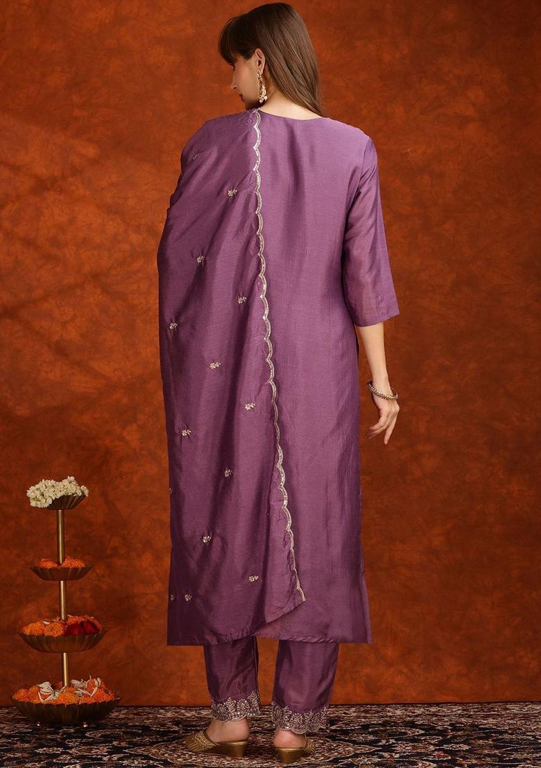 Lavender Embroidered Silk Blend Kurta Set - Indya