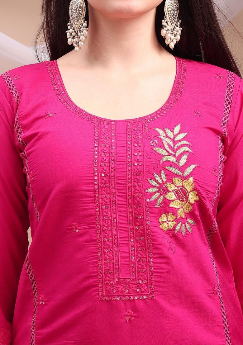 Fuchsia Solid Cotton Blend Kurta Set - Indya