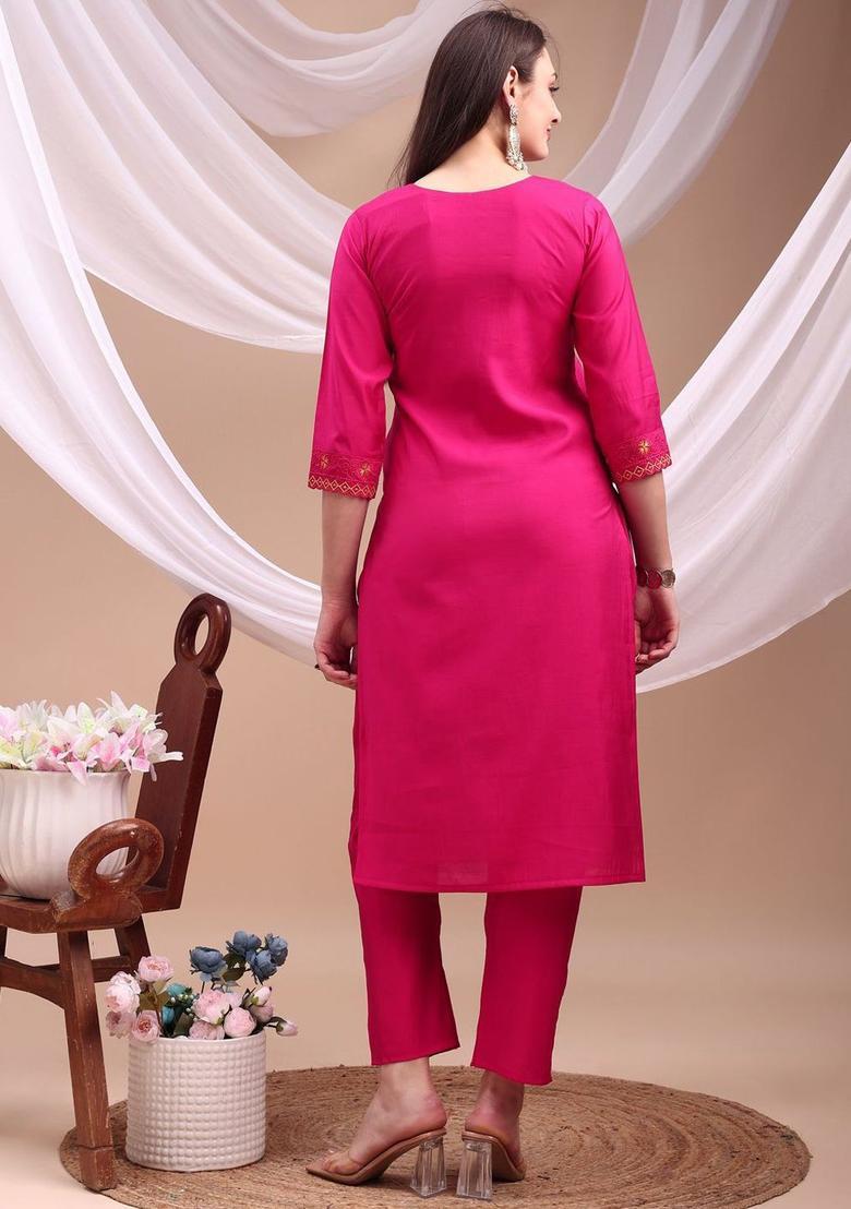 Fuchsia Solid Cotton Blend Kurta Set - Indya