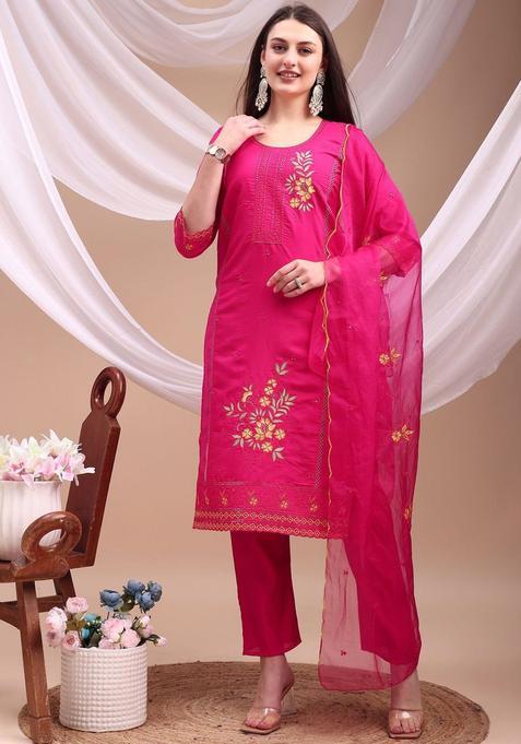 Fuchsia Solid Cotton Blend Kurta Set