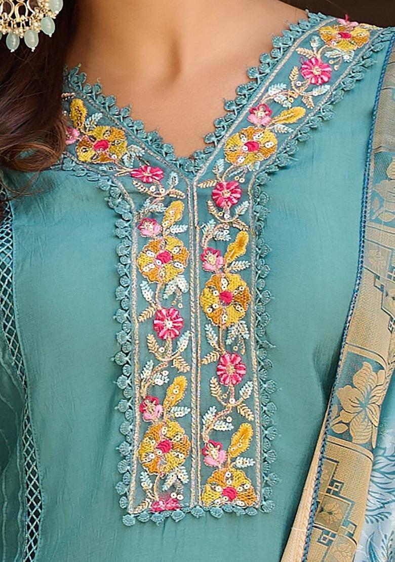 Blue Solid Cotton Blend Kurta Set - Indya