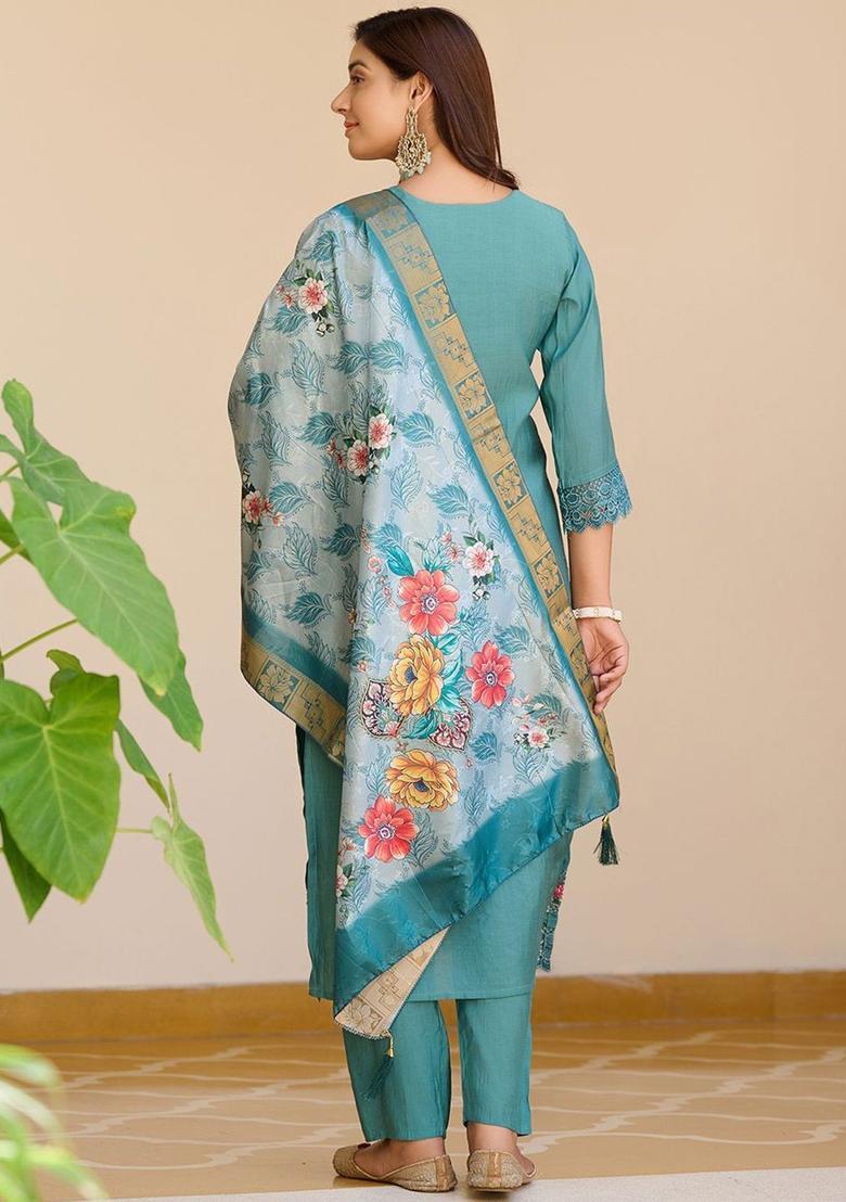 Blue Solid Cotton Blend Kurta Set - Indya