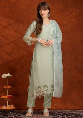 Green Solid Cotton Blend Kurta Set