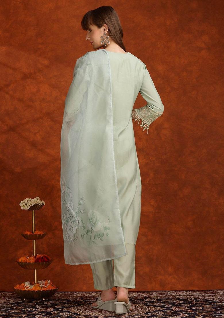 Green Solid Cotton Blend Kurta Set - Indya