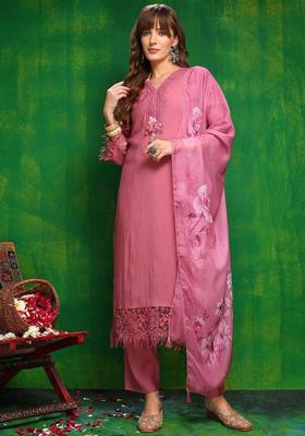 Pink Solid Cotton Blend Kurta Set