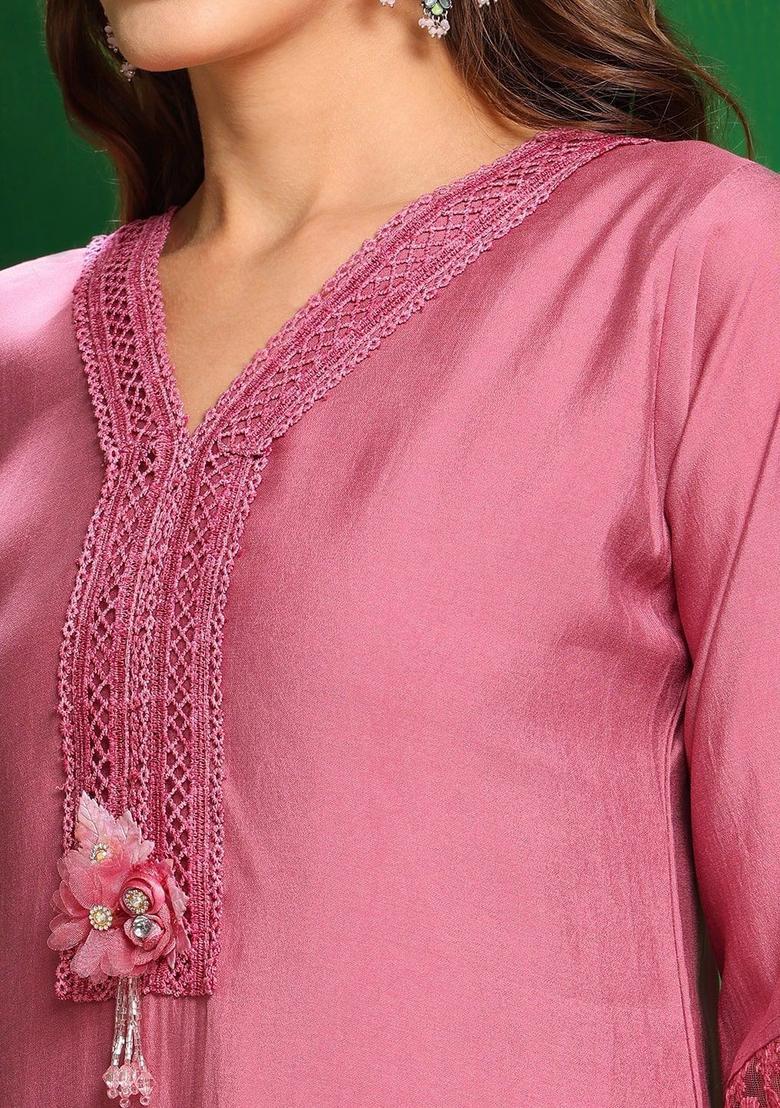 Pink Solid Cotton Blend Kurta Set - Indya