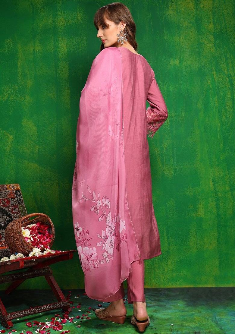 Pink Solid Cotton Blend Kurta Set - Indya