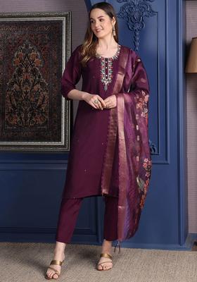 Purple Solid Cotton Blend Kurta Set