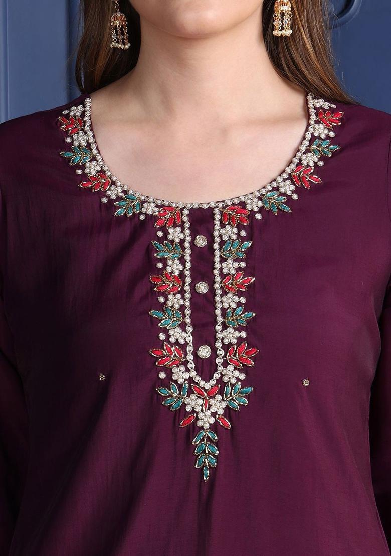 Purple Solid Cotton Blend Kurta Set - Indya