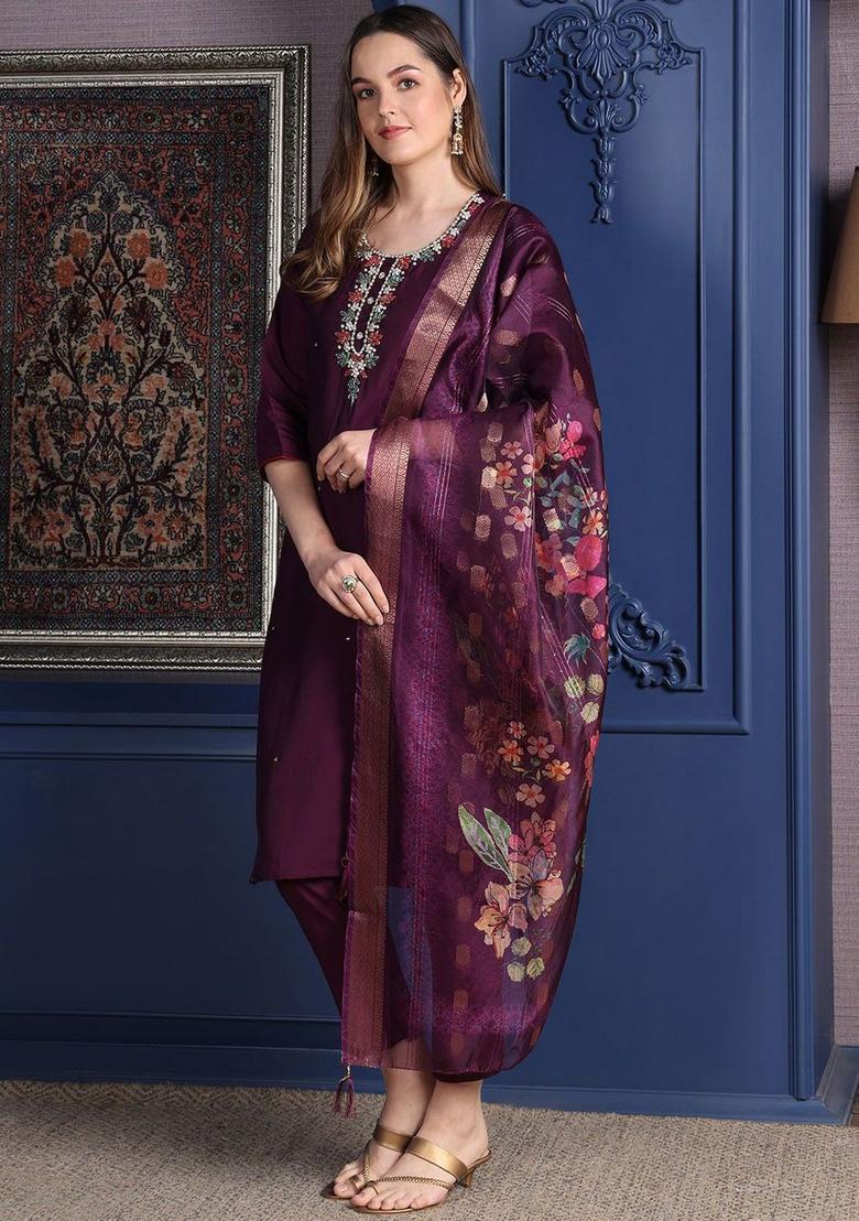 Purple Solid Cotton Blend Kurta Set - Indya