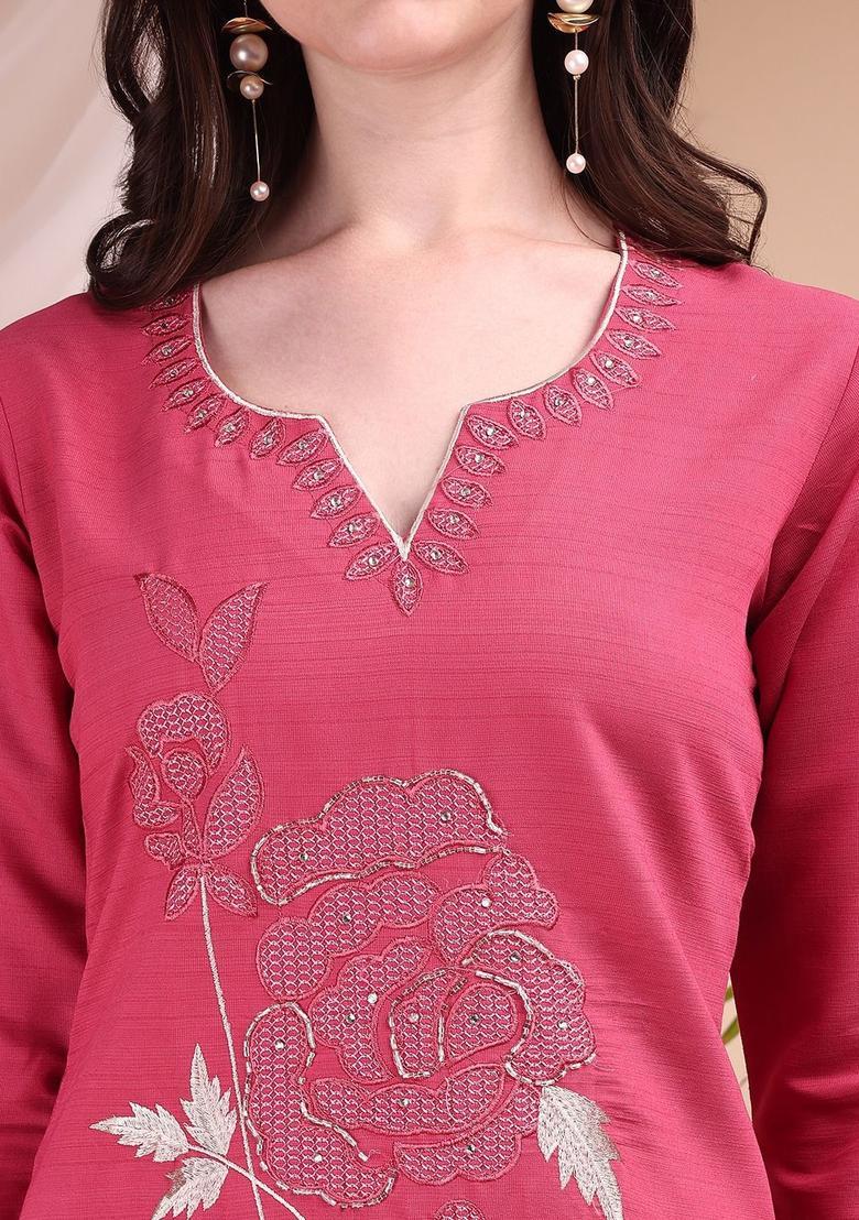 Pink Solid Cotton Blend Kurta Set - Indya