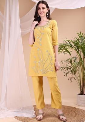 Yellow Solid Cotton Blend Kurta Set