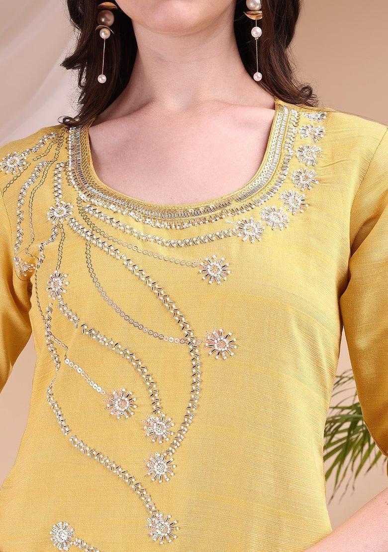 Yellow Solid Cotton Blend Kurta Set - Indya