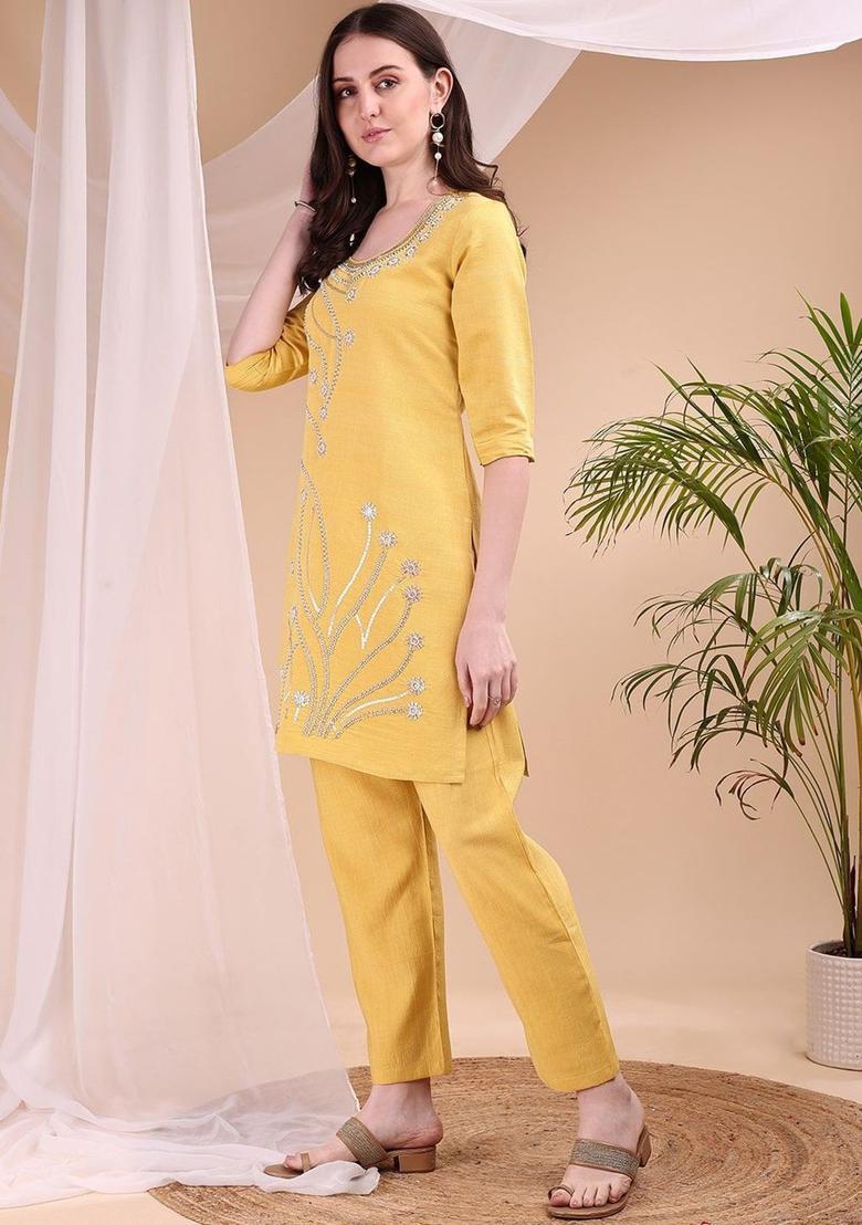 Yellow Solid Cotton Blend Kurta Set - Indya