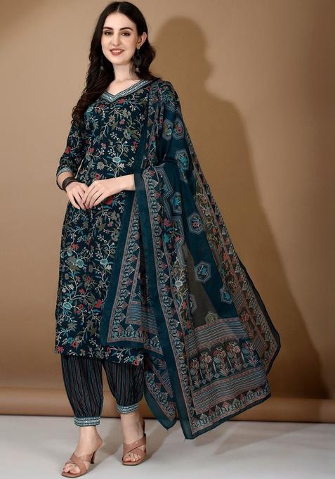 Blue Printed Viscose Rayon Kurta Set