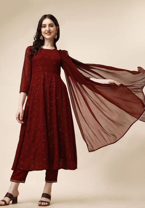 Maroon Solid Viscose Rayon Kurta Set