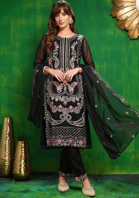Black Embroidered Cotton Kurta Set