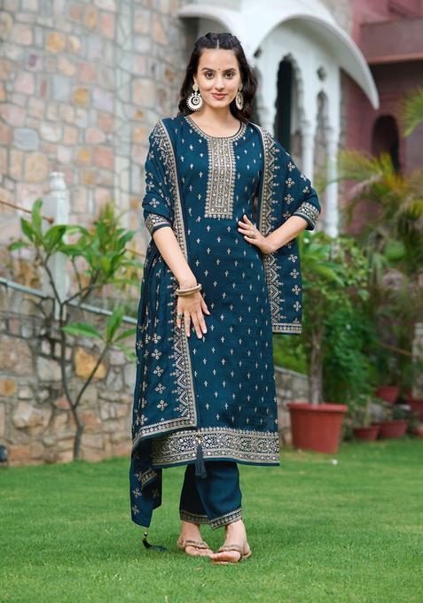 Navy Blue Embroidered Silk Blend Kurta Set