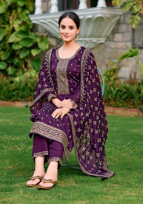 Purple Embroidered Silk Blend Kurta Set