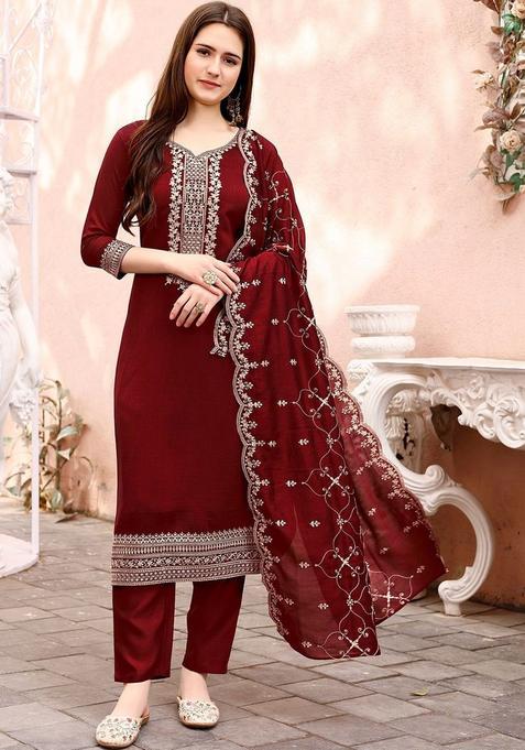 Maroon Solid Silk Blend Kurta Set