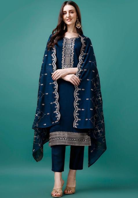 Navy Blue Solid Silk Blend Kurta Set