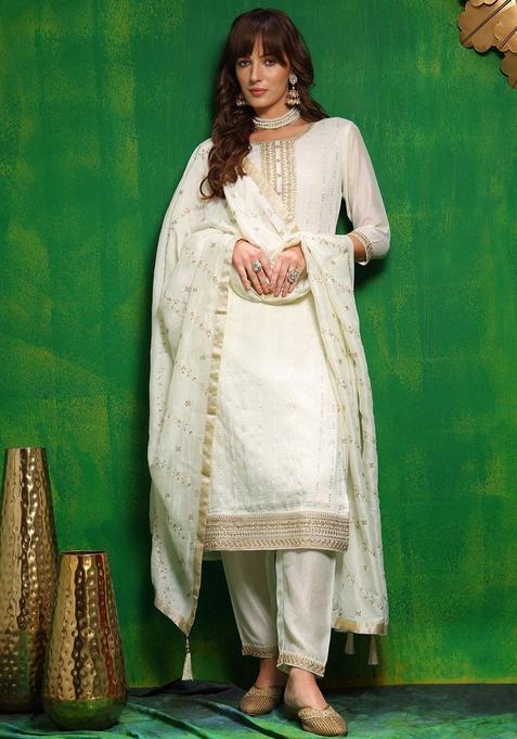 White Embroidered Silk Blend Kurta Set
