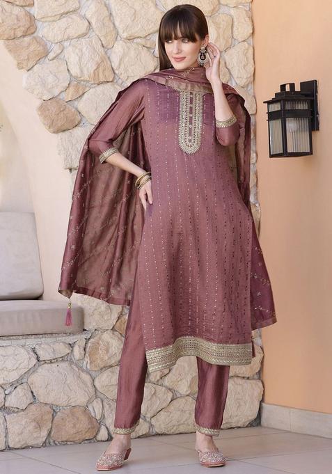 Mauve Embroidered Silk Blend Kurta Set
