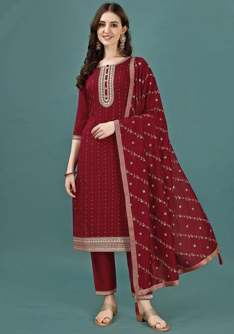 Maroon Embroidered Silk Blend Kurta Set