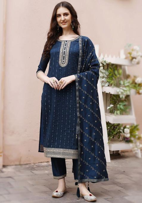 Navy Blue Embroidered Silk Blend Kurta Set