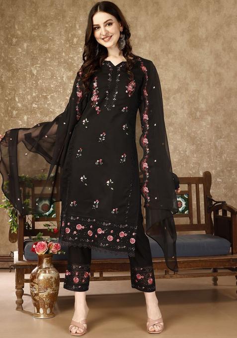 Black Embroidered Cotton Blend Kurta Set