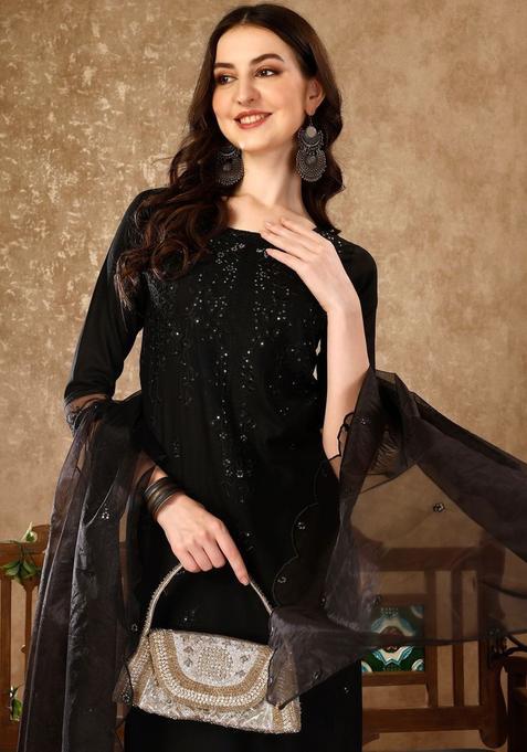 Black Solid Viscose Rayon Kurta Set