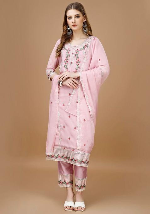 Pink Embroidered Viscose Rayon Kurta Set