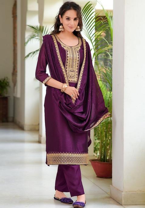 Purple Embroidered Silk Blend Kurta Set