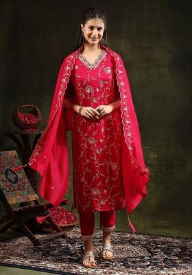 Pink Solid Silk Blend Kurta Set