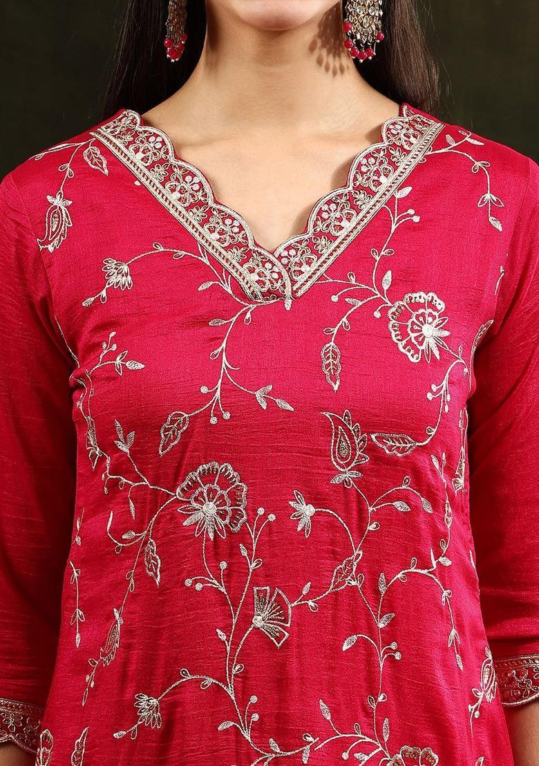 Pink Solid Silk Blend Kurta Set - Indya