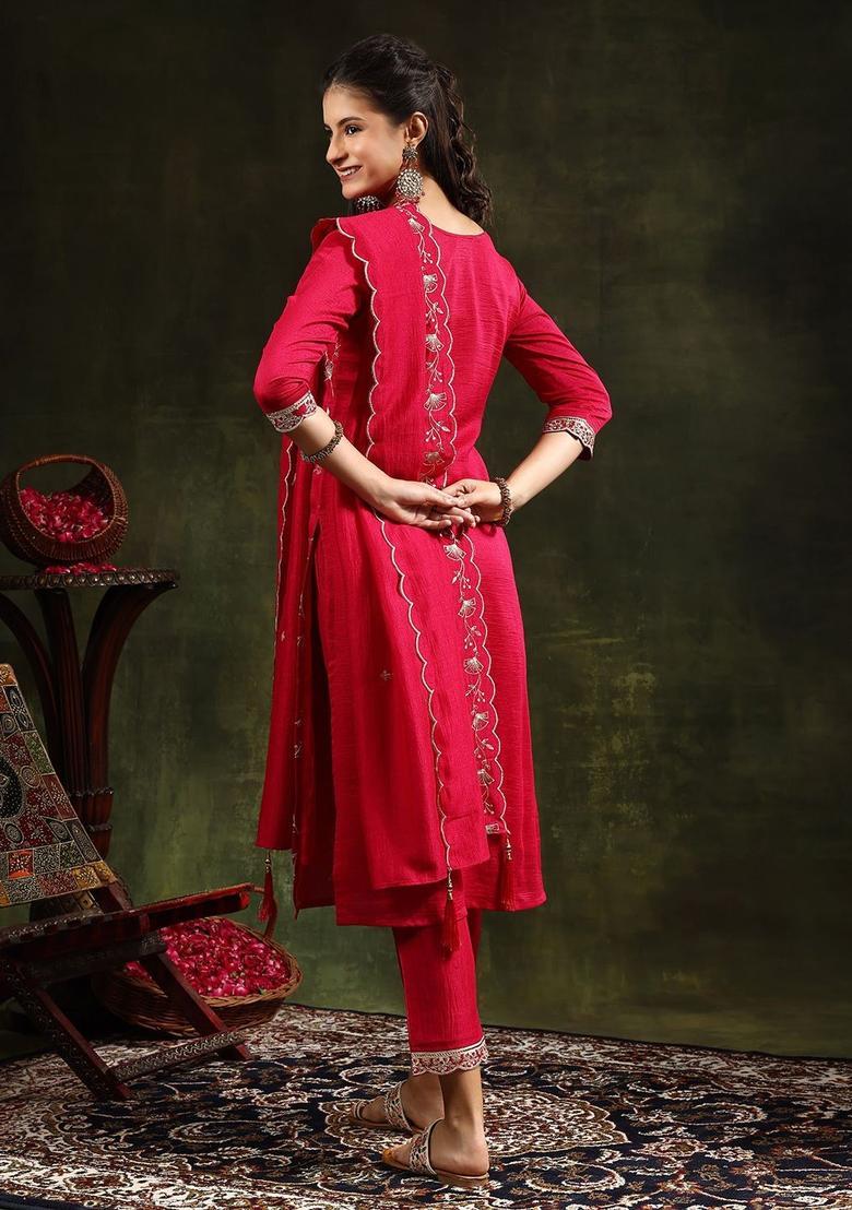 Pink Solid Silk Blend Kurta Set - Indya