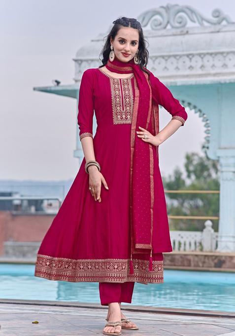 Pink Solid Silk Blend Kurta Set