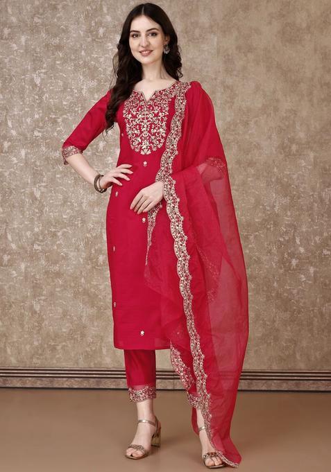 Red Embroidered Cotton Blend Kurta Set